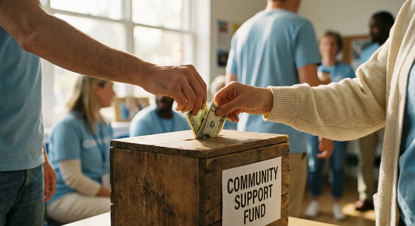 Close-up of hands making a charitable donation in a bright setting.