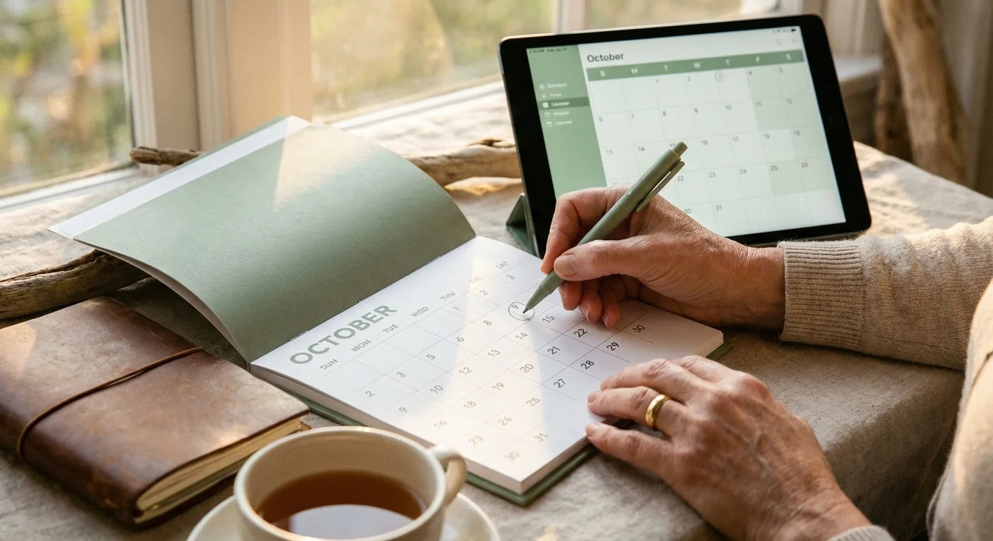 Close-up of hands marking a calendar next to a digital tablet.