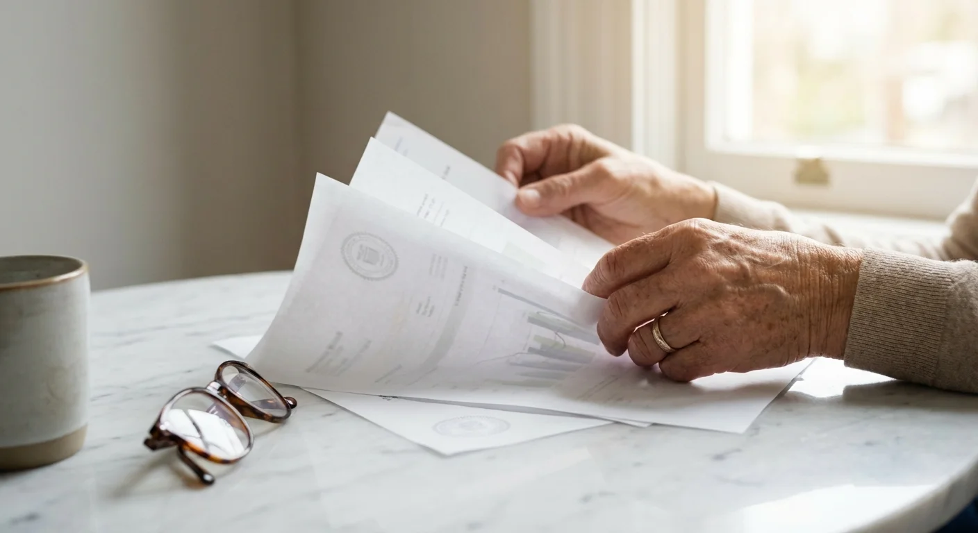 Close-up of hands reviewing paperwork on a clean marble surface, symbolizing financial transparency.