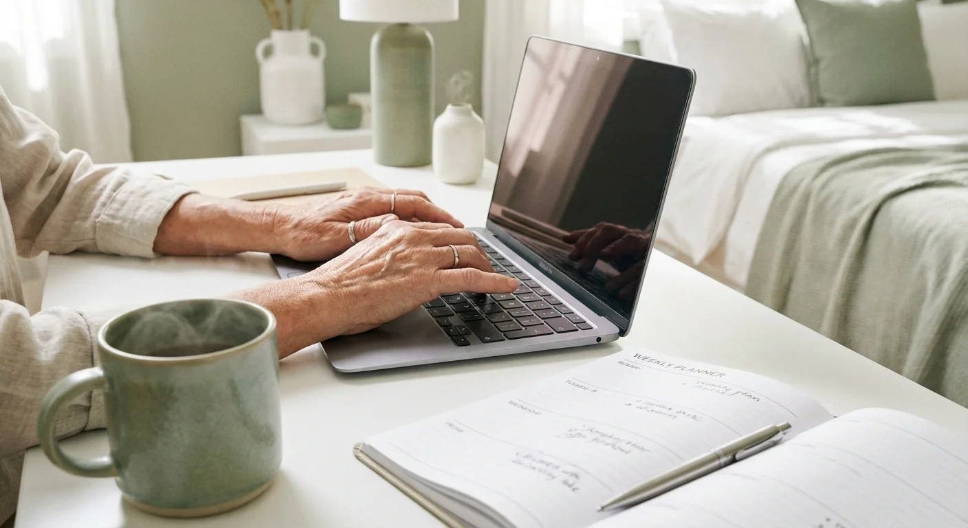 Close-up of hands typing on a laptop in a clean, organized home office.