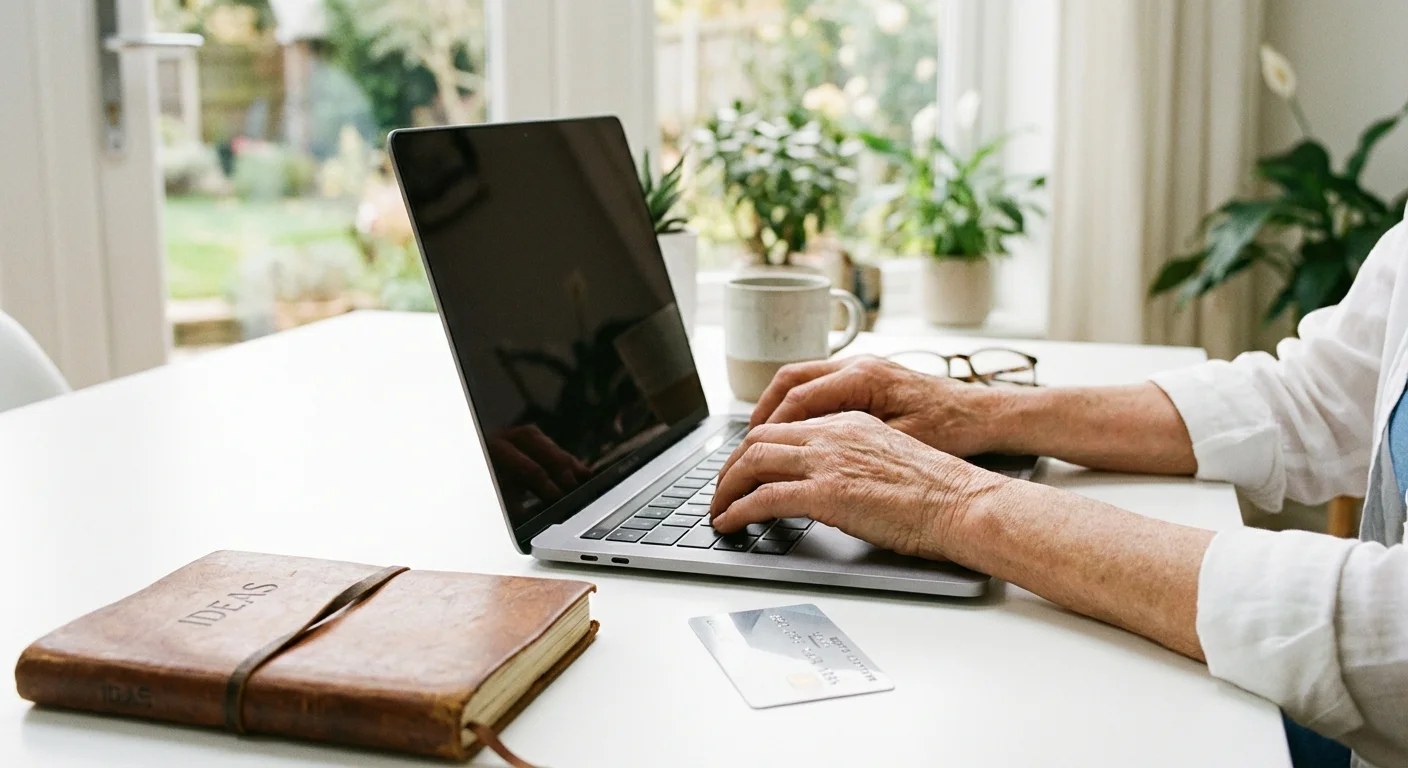 Close-up of hands typing on a laptop next to a credit card and notebook.