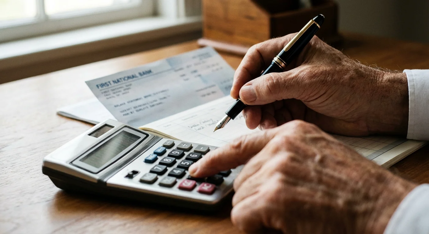 Close-up of hands using a calculator and pen to manage monthly finances.
