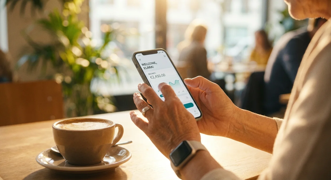 Close-up of hands using a mobile finance app on a smartphone.