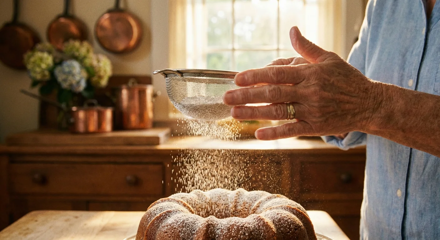 Close-up of powdered sugar being sifted over a cake in a warm kitchen.