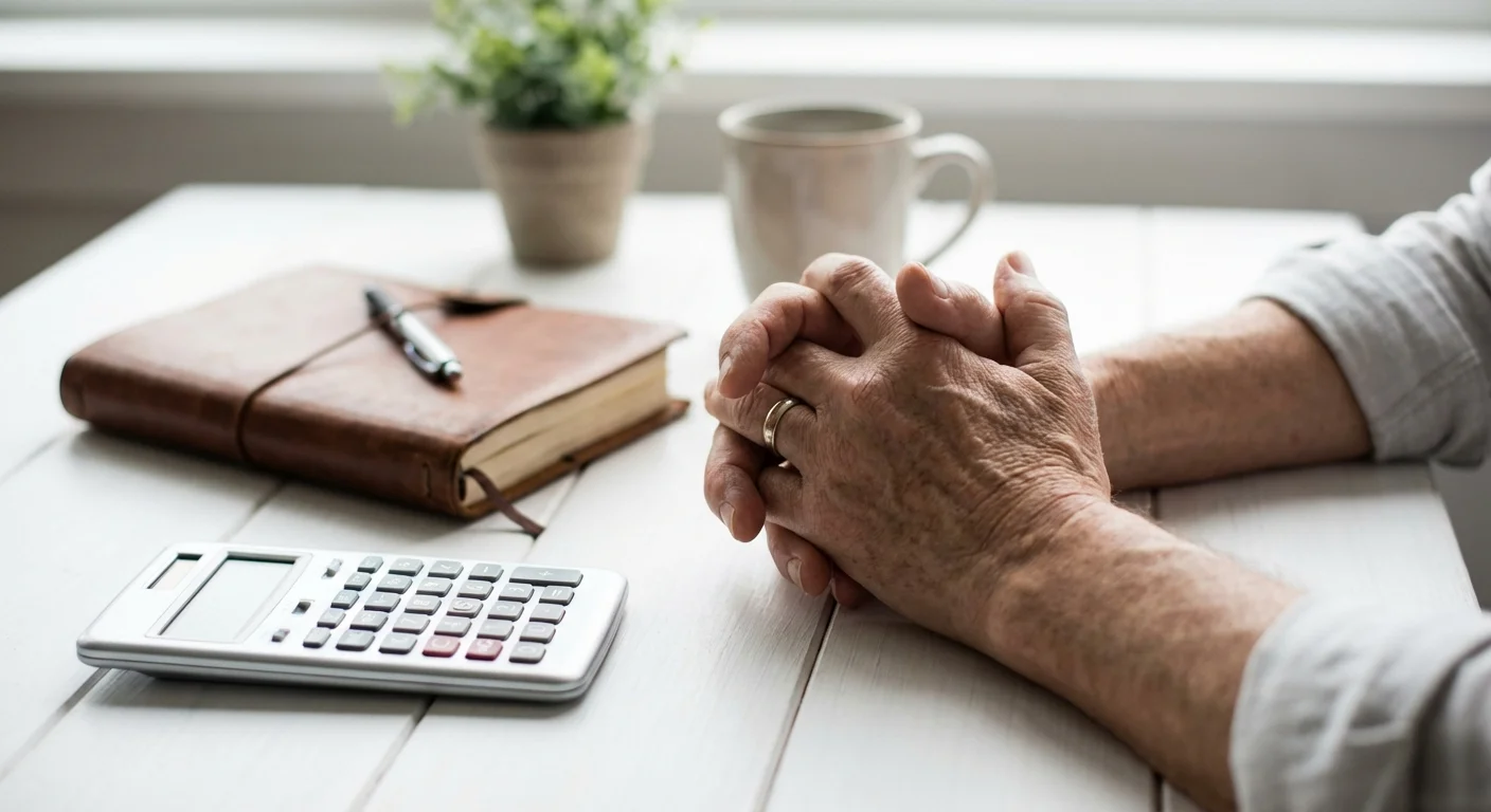Close-up of senior hands next to a calculator and planner, symbolizing careful planning.