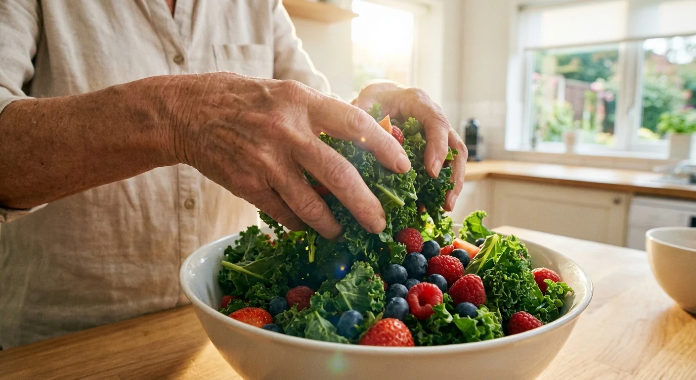 Close-up of senior hands preparing a healthy salad with greens and berries, symbolizing positive habit changes.