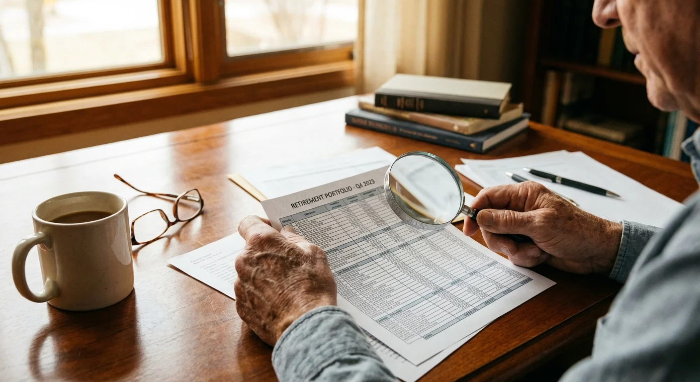 Close-up of senior hands using a magnifying glass on documents, symbolizing tax scrutiny.