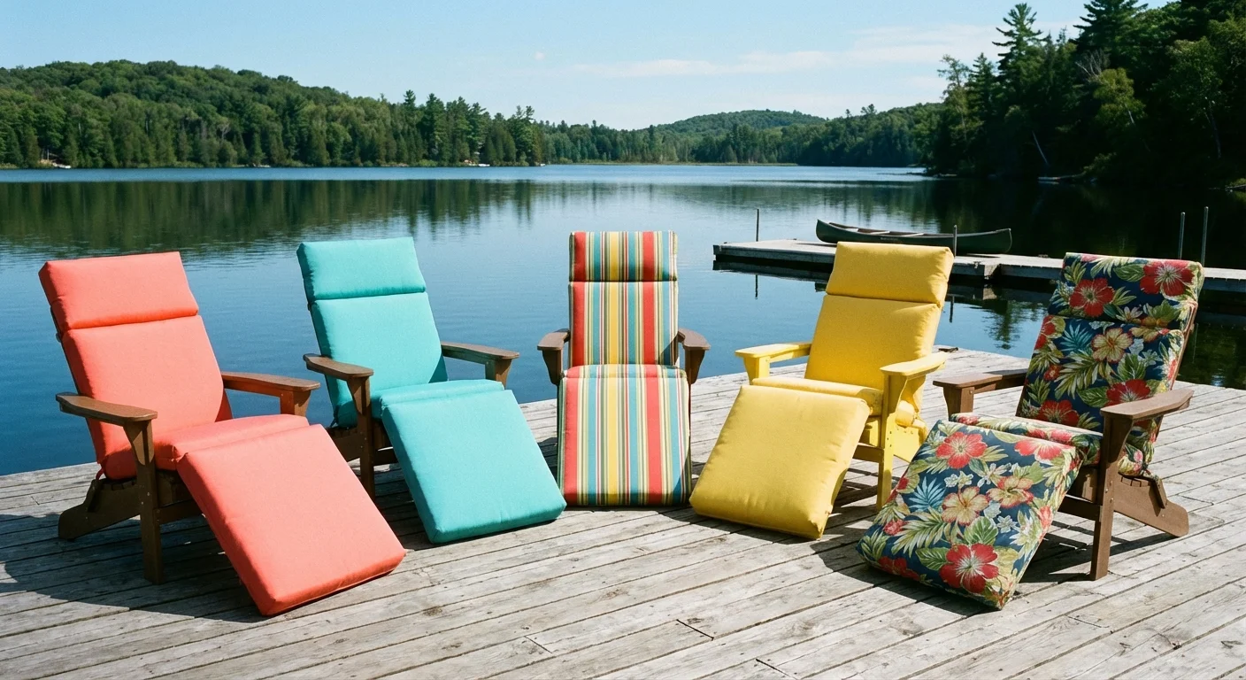 Colorful chair cushions on a deck overlooking a lake.