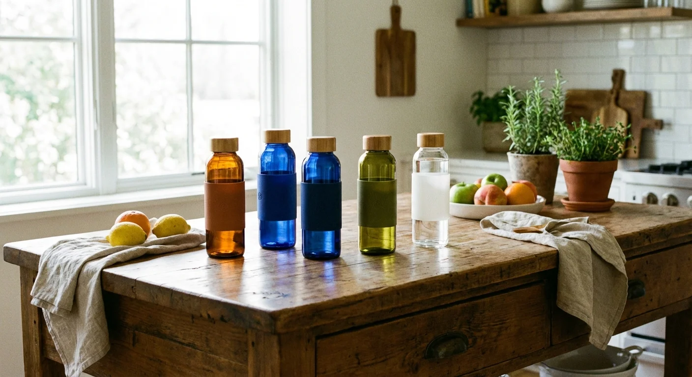 Colorful reusable glass water bottles on a kitchen island.
