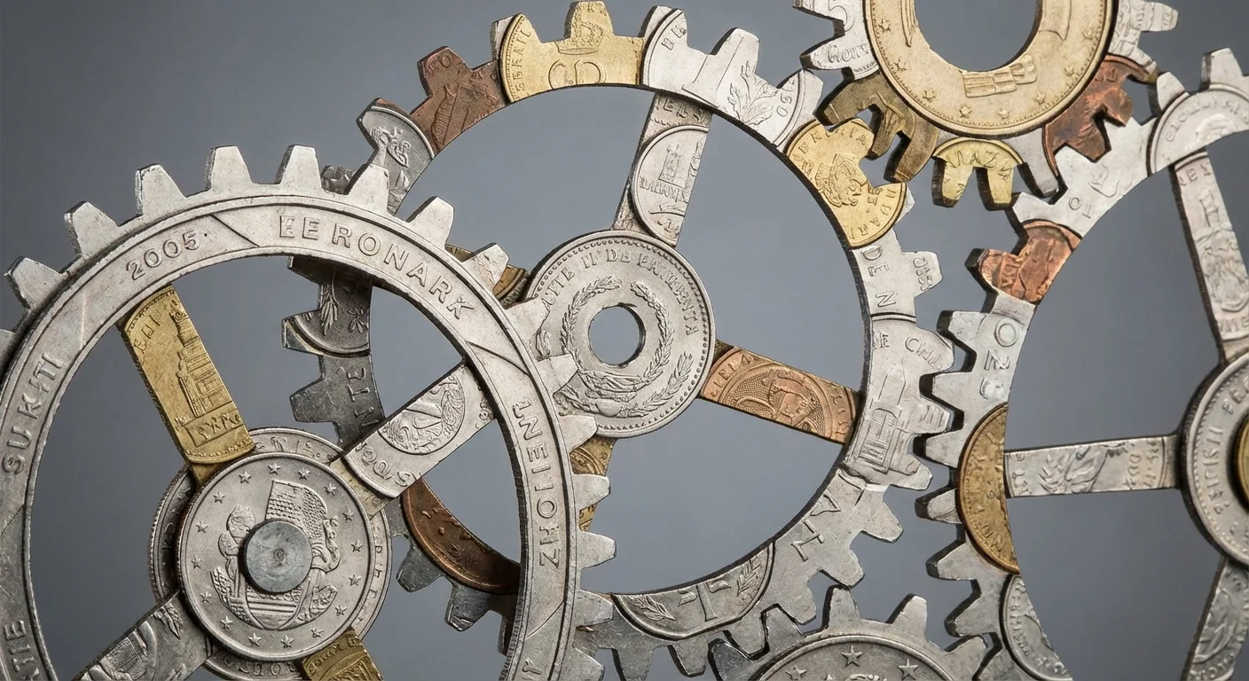 Conceptual gears made of coins, representing automated financial systems.