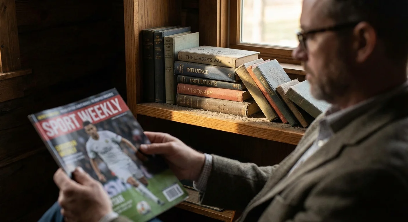 Dusty leadership books on a shelf with a boss reading a magazine in the foreground.