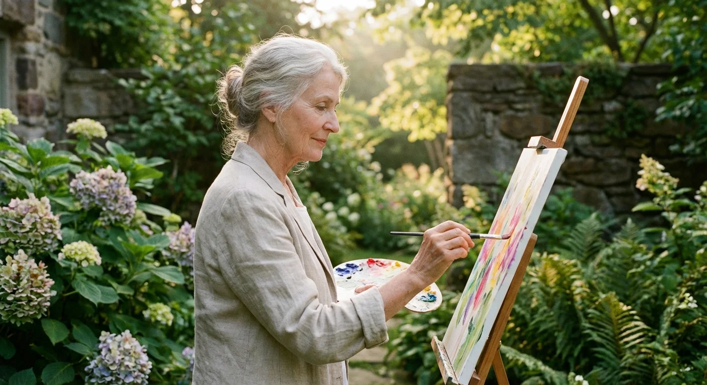 Elegant older woman painting on a canvas in a sunny garden, representing purpose.