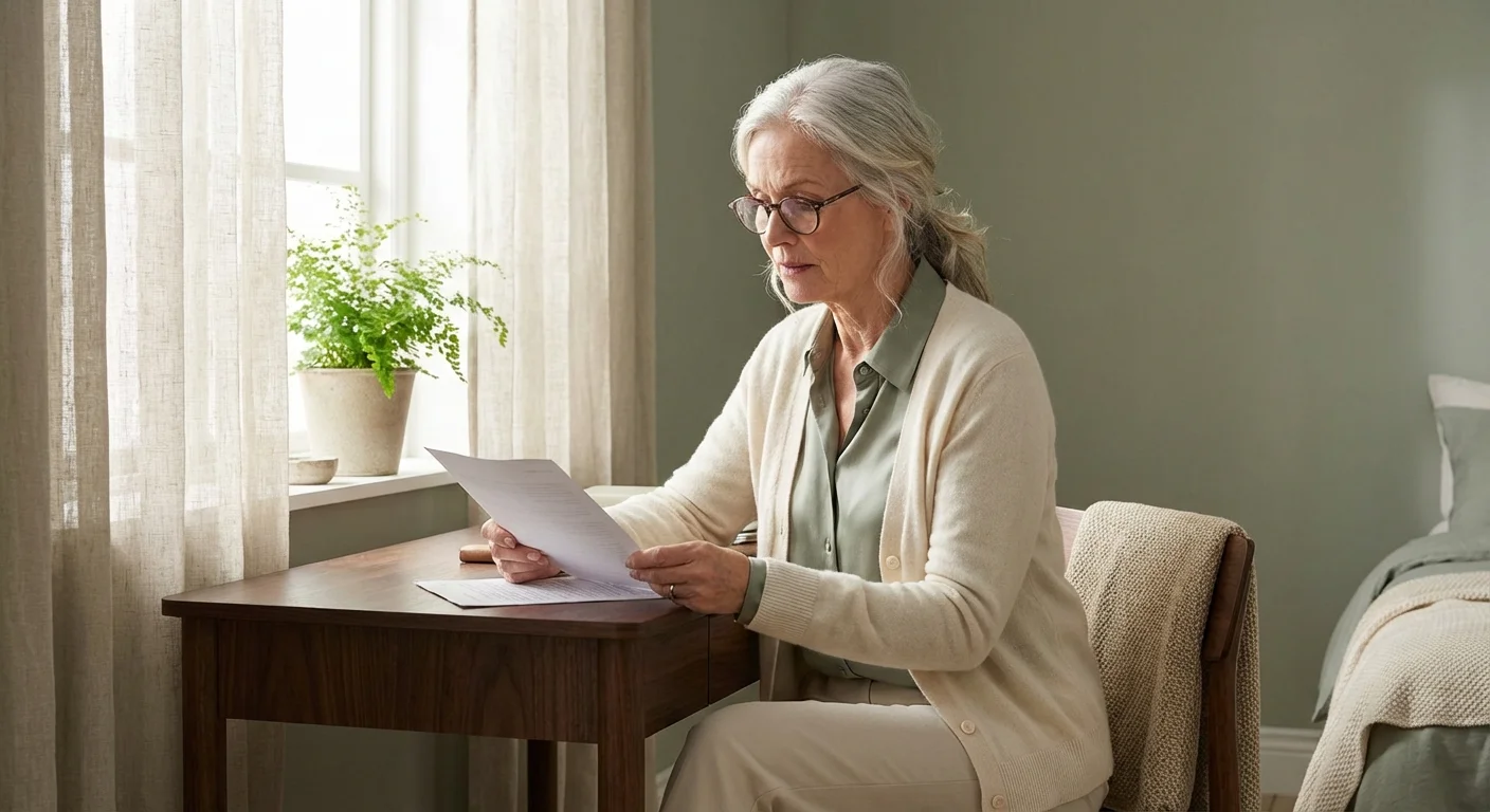 Elegant senior woman reviewing financial documents at a desk in soft morning light.