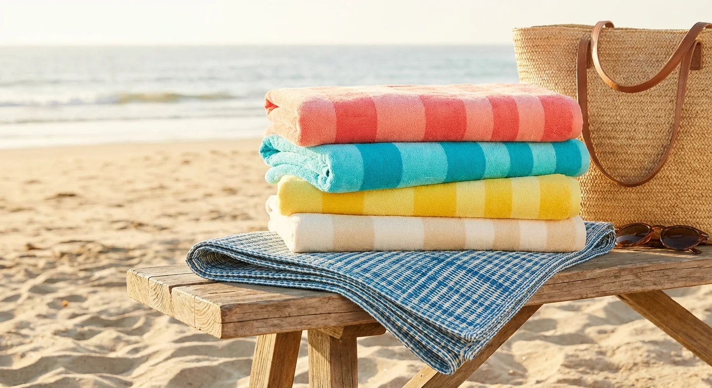 Folded striped beach towels and a sand-free mat.