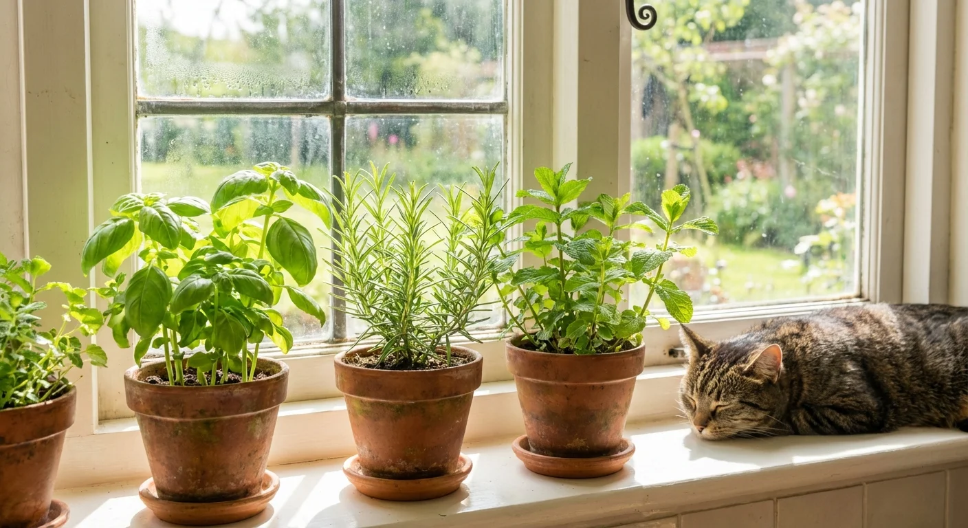 Fresh herbs growing in pots on a kitchen windowsill.