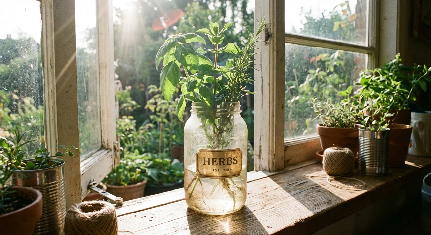 Fresh herbs stored in a glass jar on a sunny windowsill.