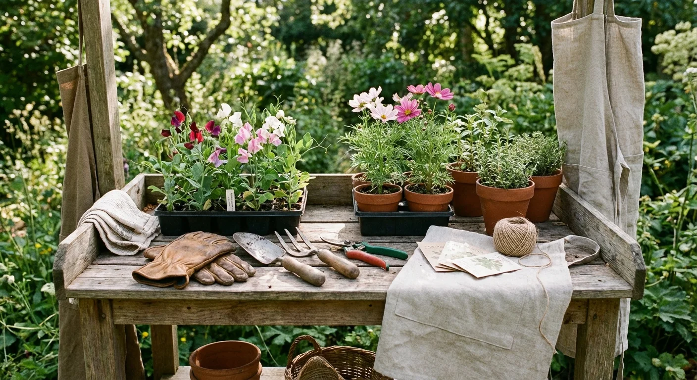 Gardening tools and flower seedlings on a wooden potting bench.
