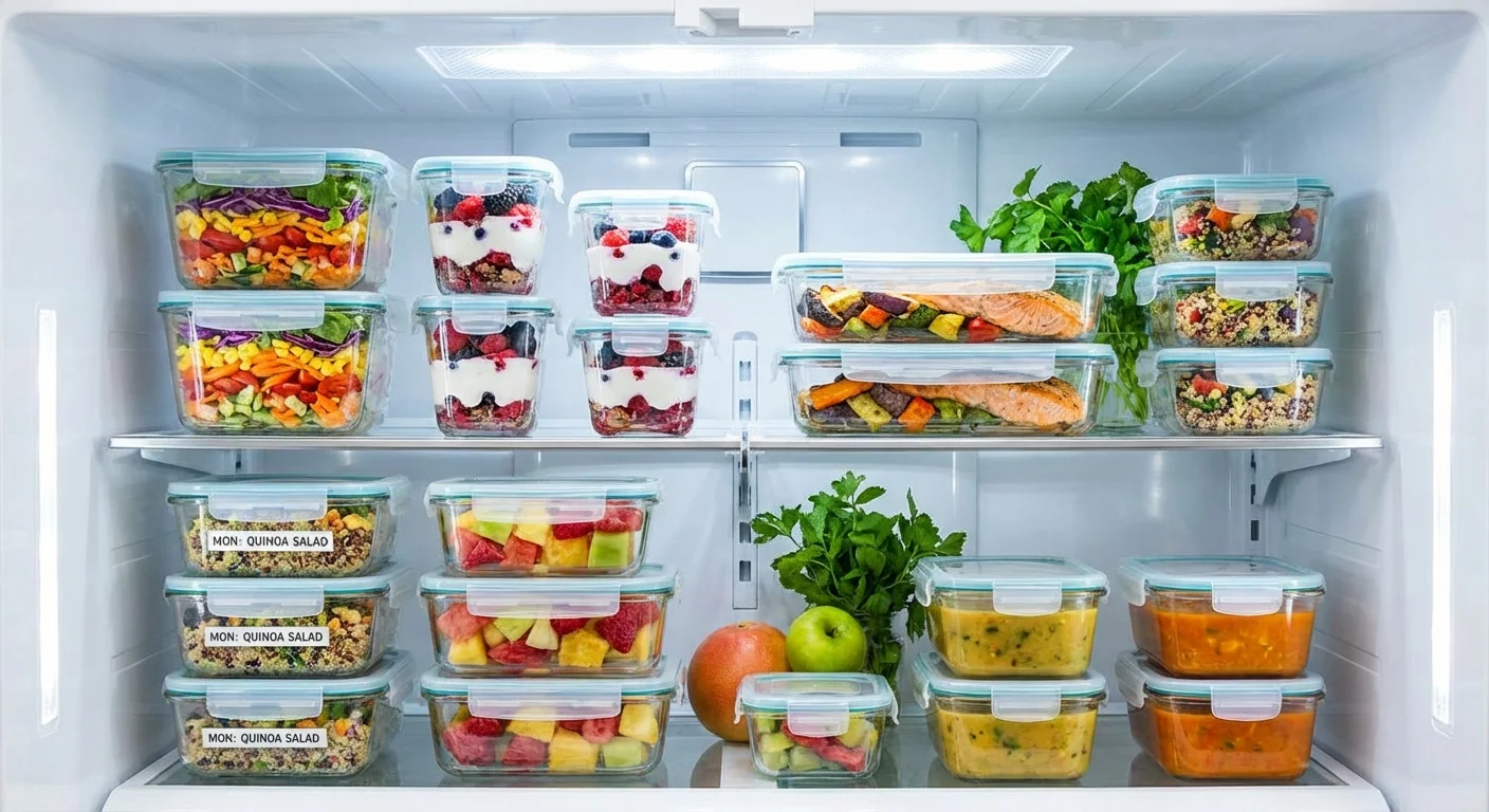 Glass containers of prepped food inside a clean refrigerator.