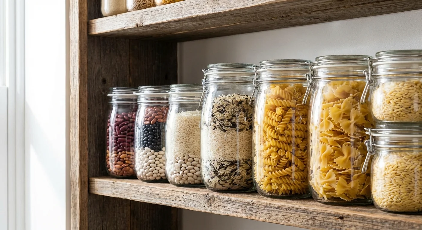 Glass storage jars filled with bulk pantry staples on a shelf.
