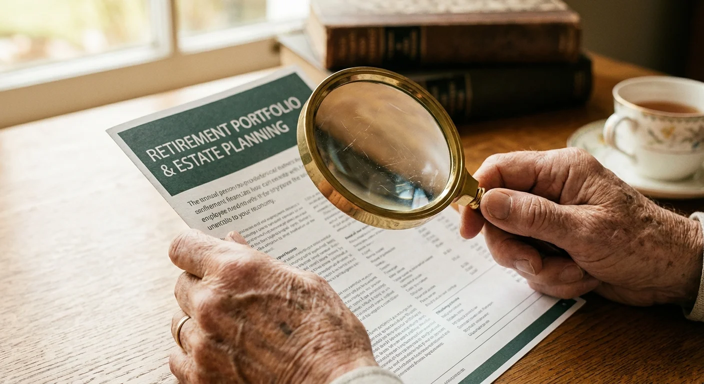 Hands holding a magnifying glass over a financial document.