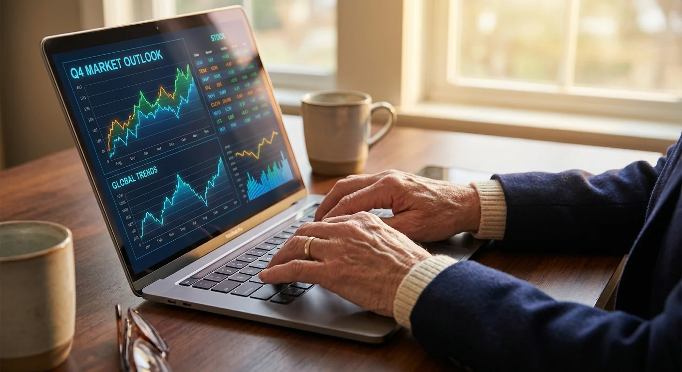 Hands of an older professional researching salary data on a laptop.