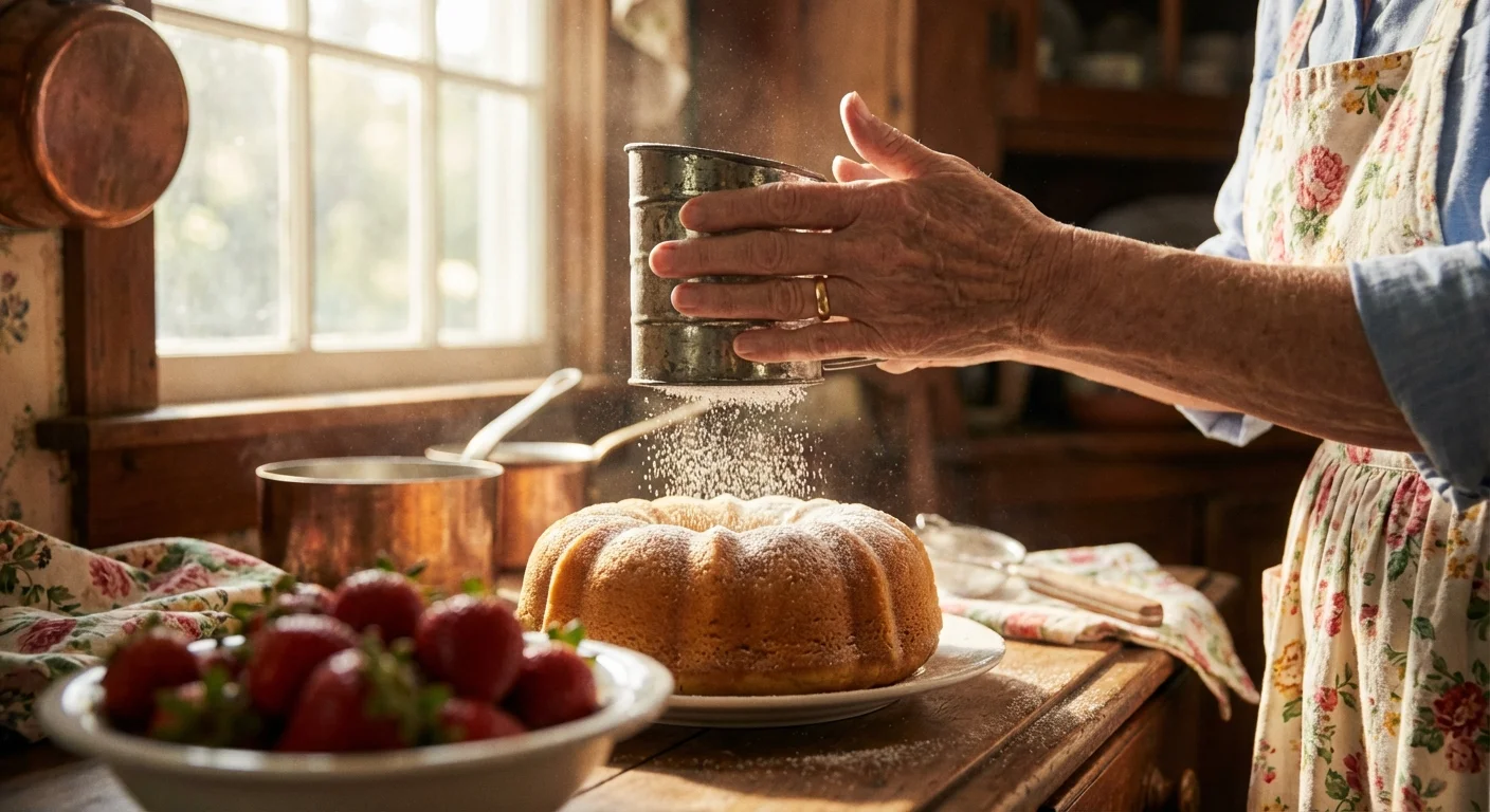 Hands sifting powdered sugar over a fresh cake in a warm kitchen.
