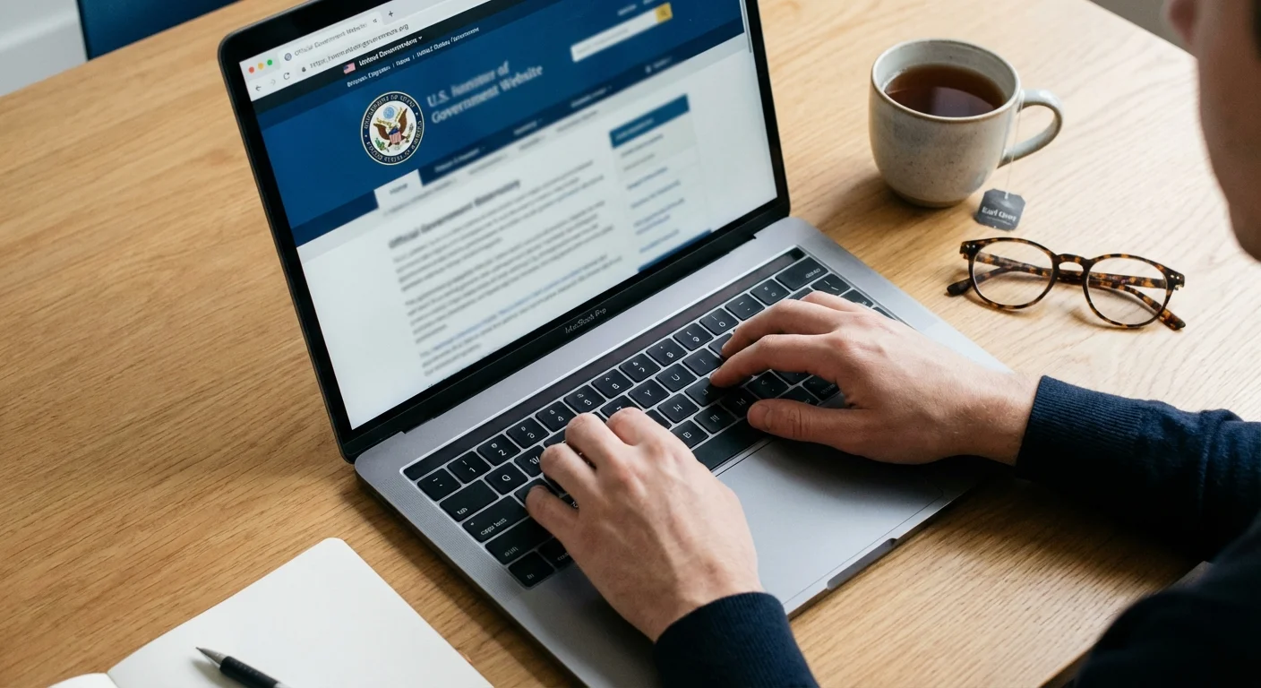 Hands typing on a laptop to search for unclaimed property or benefits.