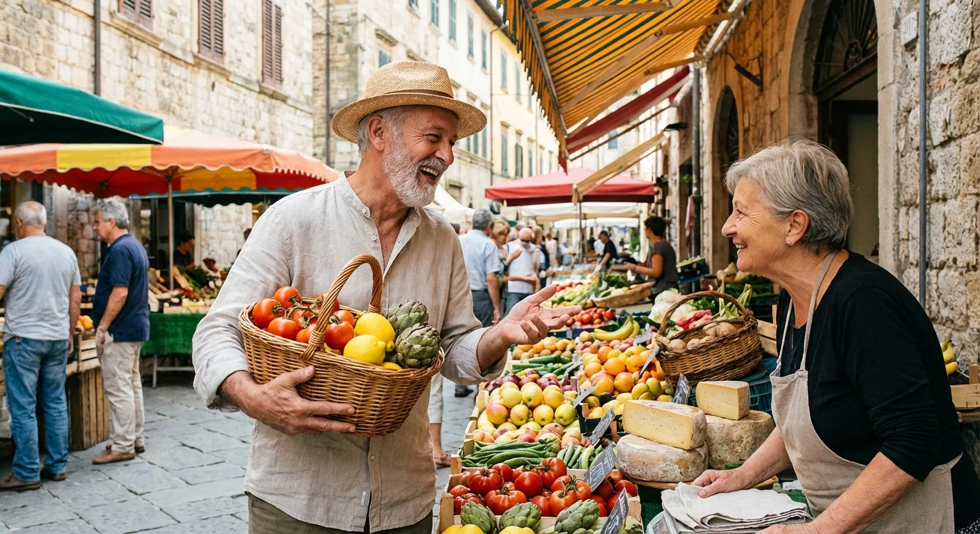 Happy retired man shopping at a vibrant European outdoor market with fresh local produce.