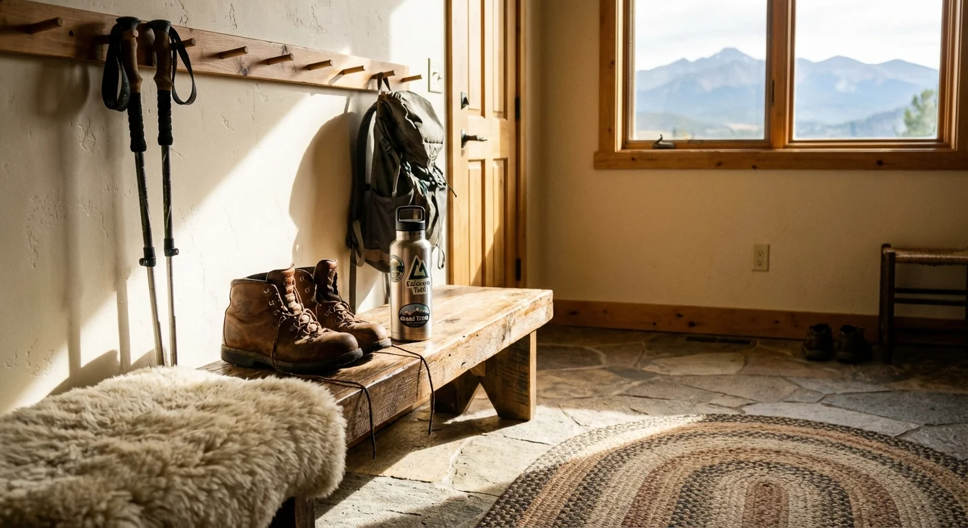Hiking boots and a water bottle in a sunlit mudroom.