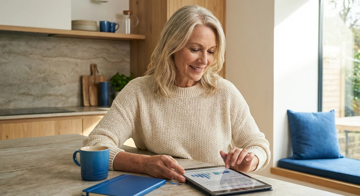 Mature woman reviewing health insurance options on a tablet in a bright kitchen.