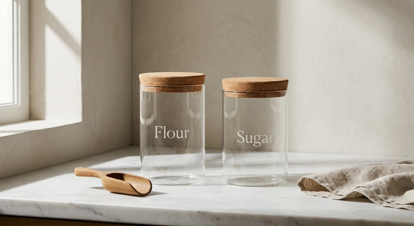Minimalist glass canisters for flour and sugar on a counter.