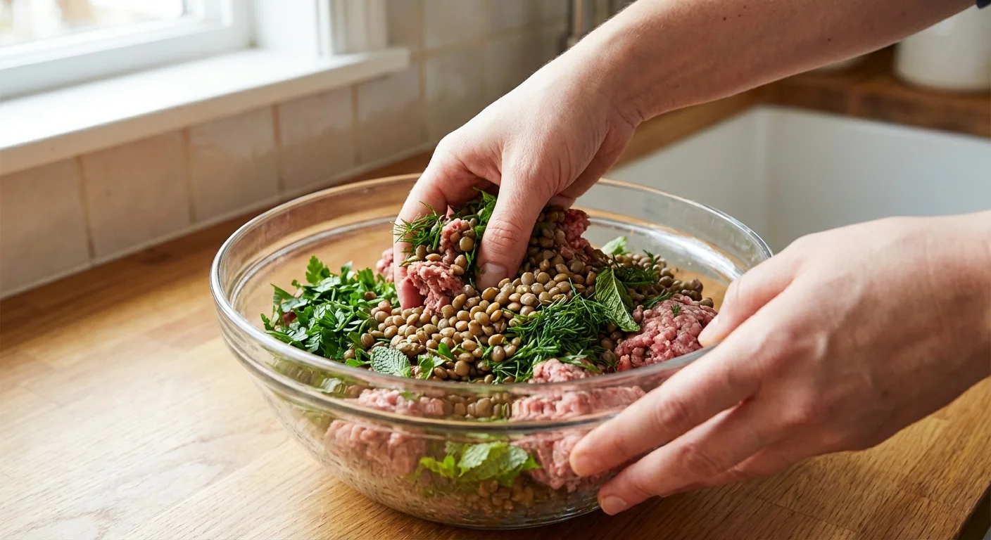 Mixing lentils and herbs into ground meat in a glass bowl.