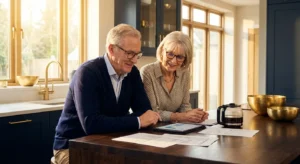 A senior couple reviewing financial documents on a tablet in a bright, modern kitchen.