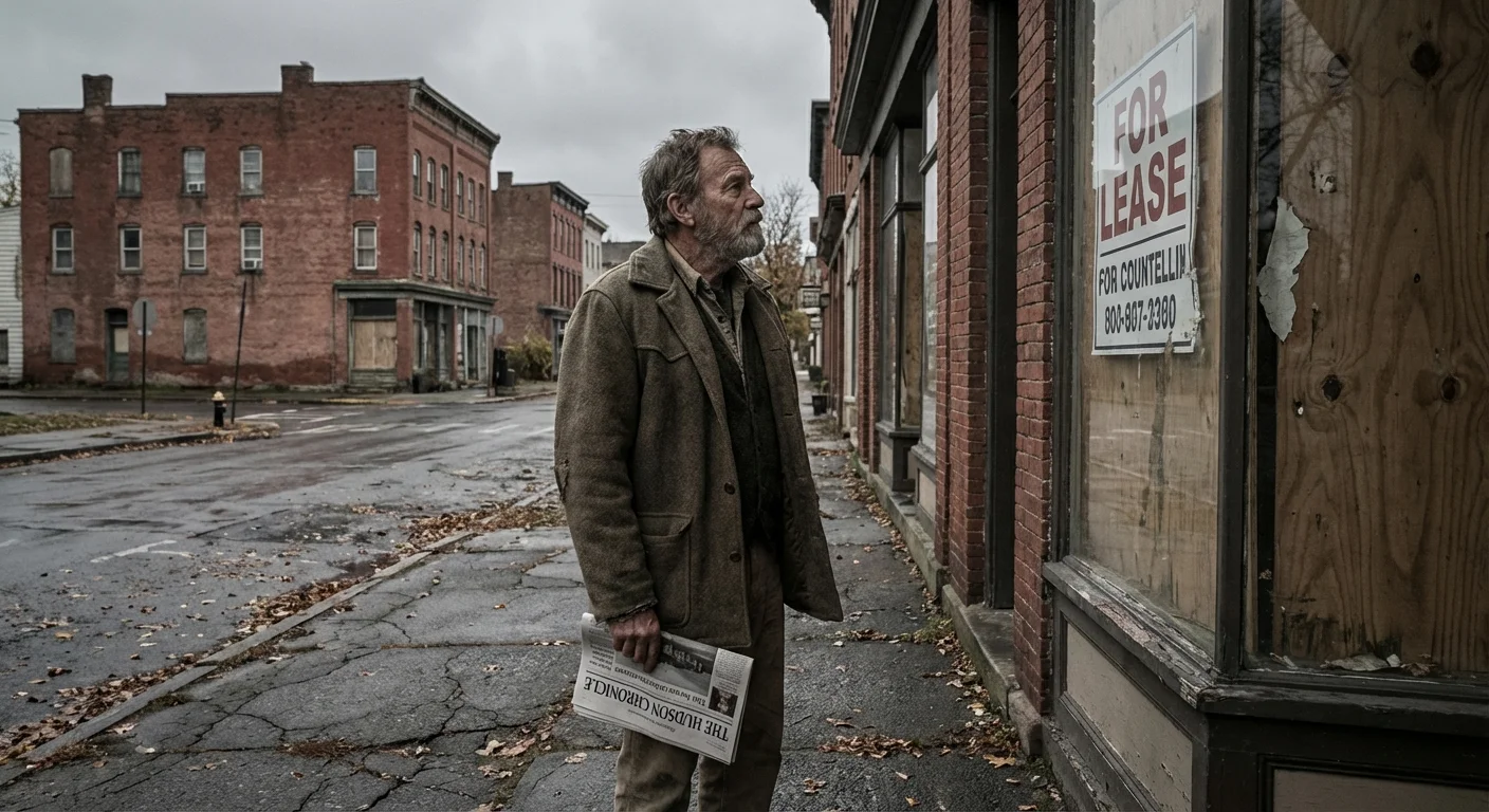 Older man looking at a closed shop on a weathered New York street.
