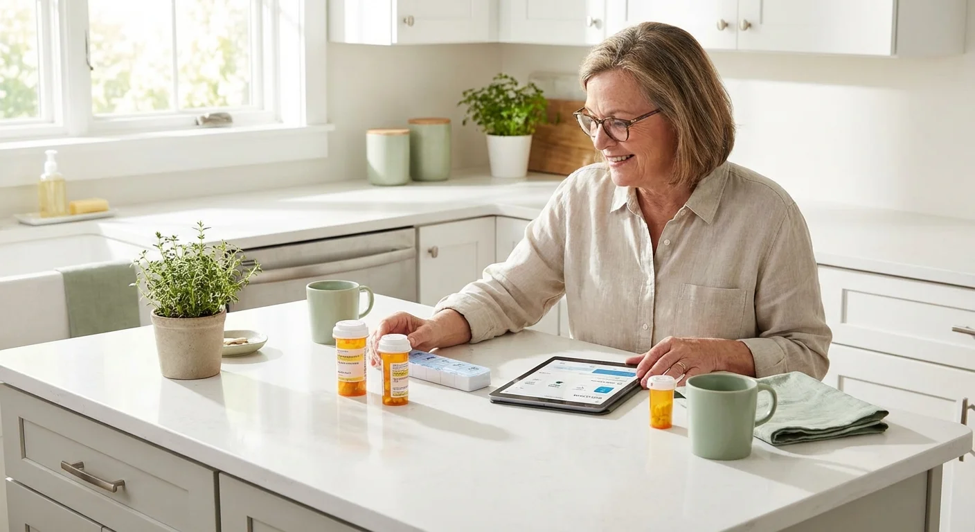 Prescription bottles and a tablet on a clean white countertop.