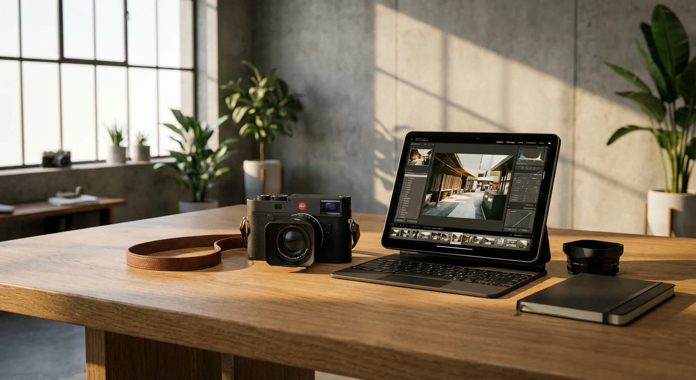 Professional equipment like a camera and tablet on a wooden table.