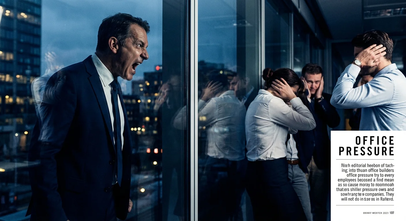 Reflection of a boss shouting in a glass office wall, with employees reacting outside.