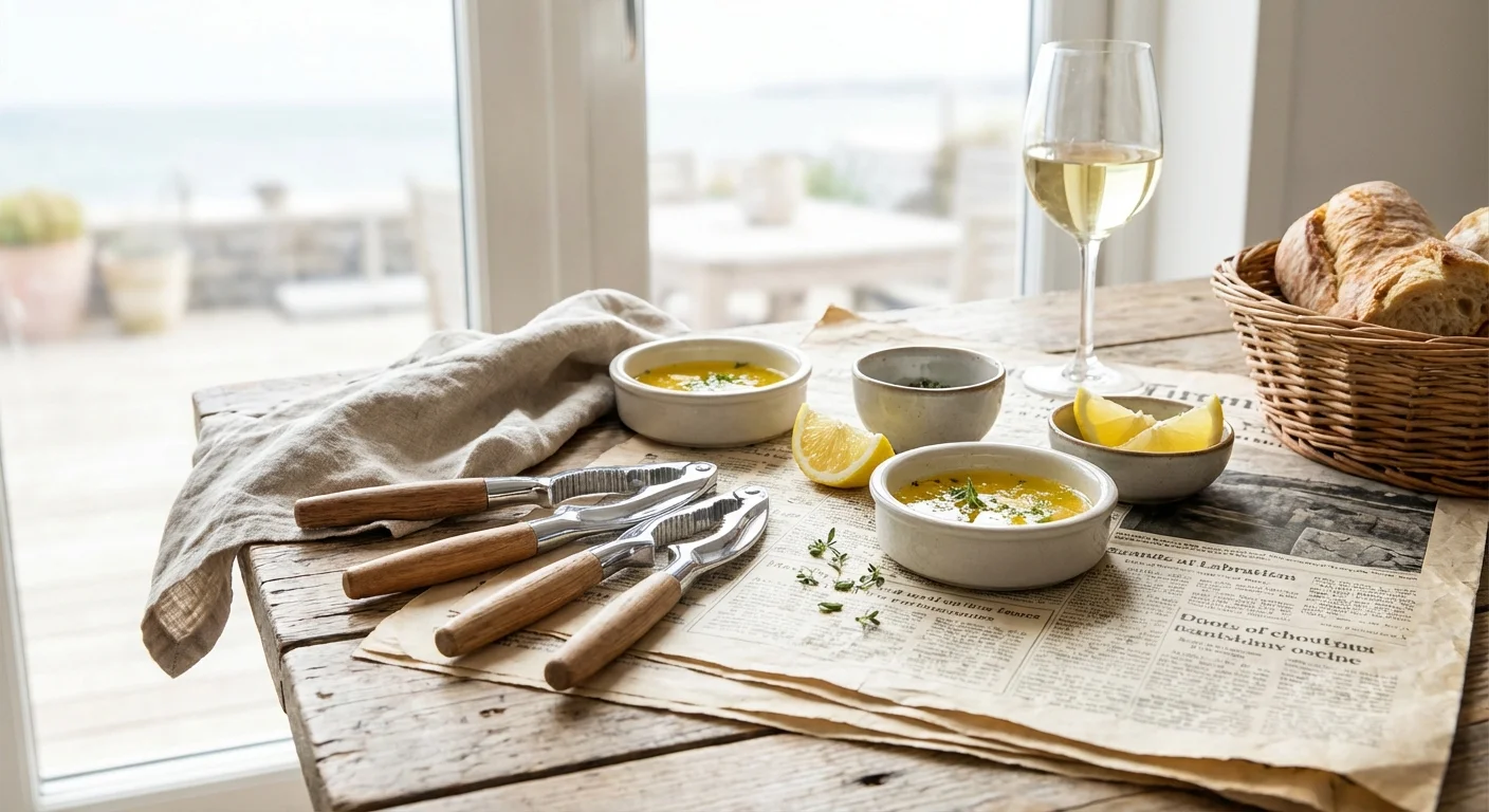 Seafood crackers and butter bowls on a table.