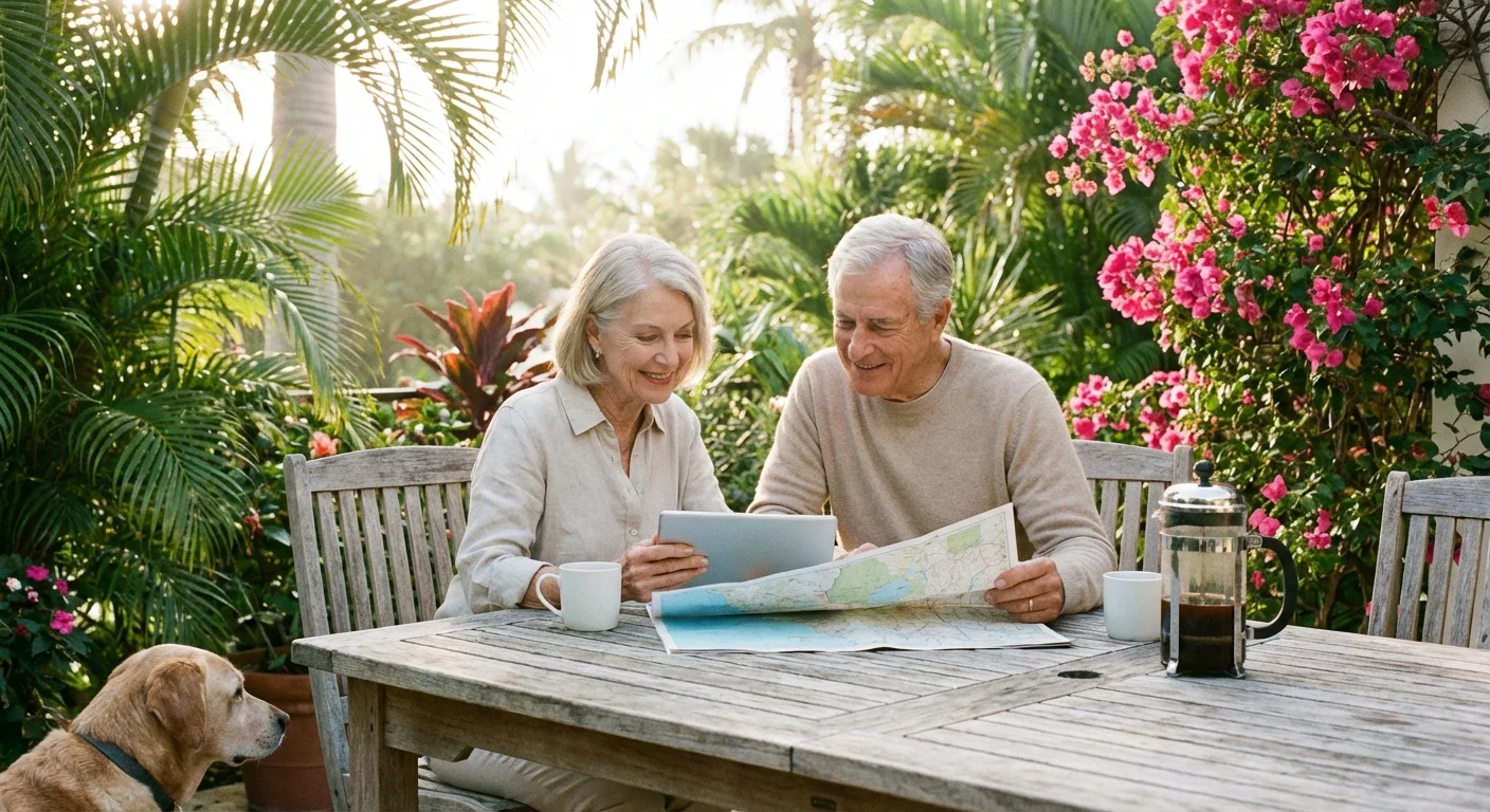 Senior retirees researching their move on a sunny Florida patio.