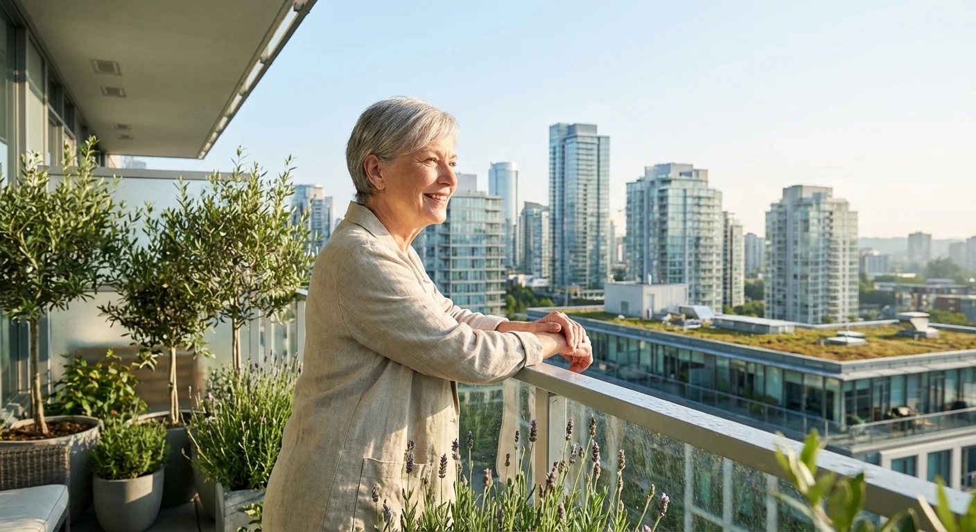 Senior woman looking out at a clean, bright city skyline from a balcony during sunrise.