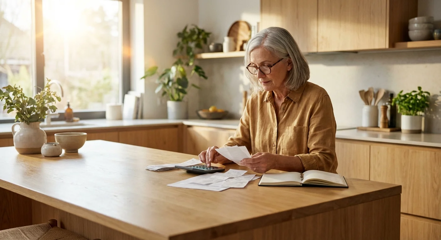 Senior woman planning her budget in a bright kitchen.