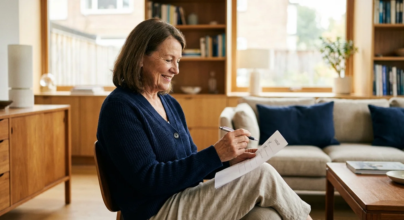 Senior woman reviewing her shopping list in a sunny living room.