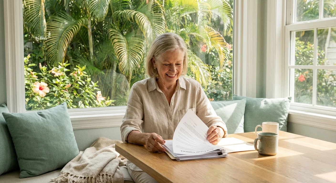 Senior woman reviewing real estate papers in a bright Florida kitchen.
