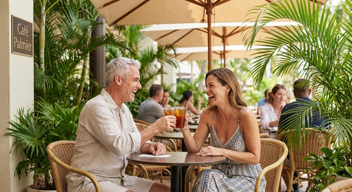 Seniors enjoying a sunny afternoon at an upscale outdoor cafe in Florida.