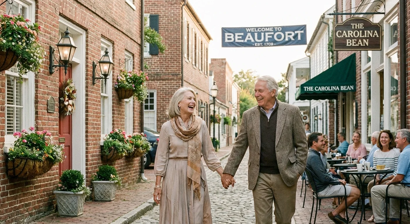 Seniors walking through a charming, historic North Carolina downtown area.