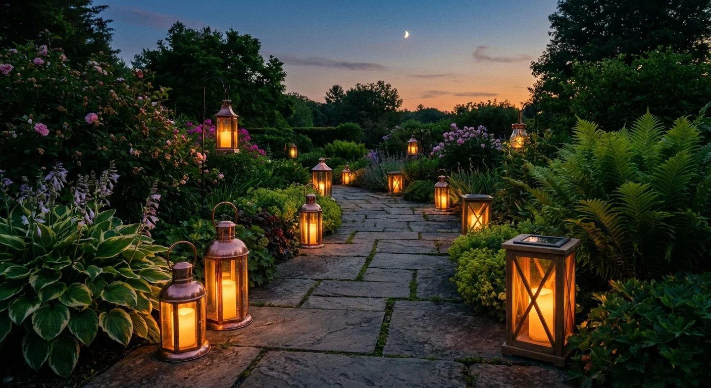 Solar garden lanterns lighting a path at dusk.