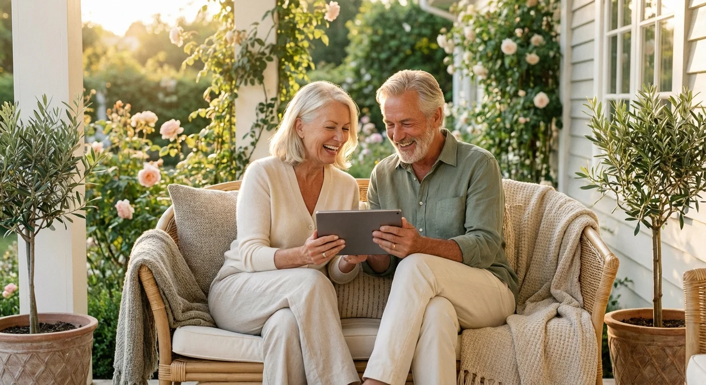 A senior couple looking at a tablet on a sunny porch, representing retirement planning.