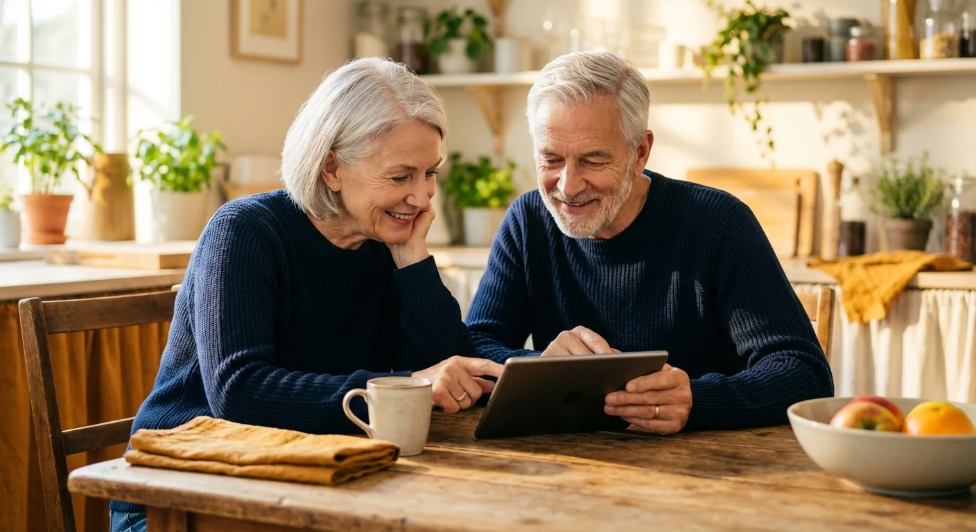 A senior couple looking at a tablet in a sunlit kitchen, representing retirement planning.
