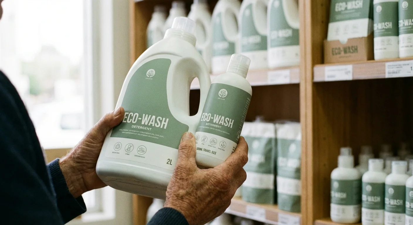 Two different sized detergent bottles held side-by-side for comparison.