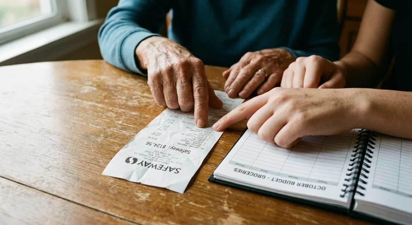 Two generations reviewing expenses and a budget together at a wooden table.